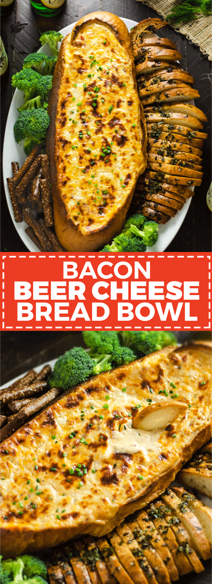 Bacon Beer Cheese Bread Bowl. A flavorful, fondue-like beer cheese studded with crumbled bacon is baked inside of Italian bread and served with garlic and herb crispy bread slices. It's the perfect easy-to-make snack for your Super Bowl party. | hostthetoast.com