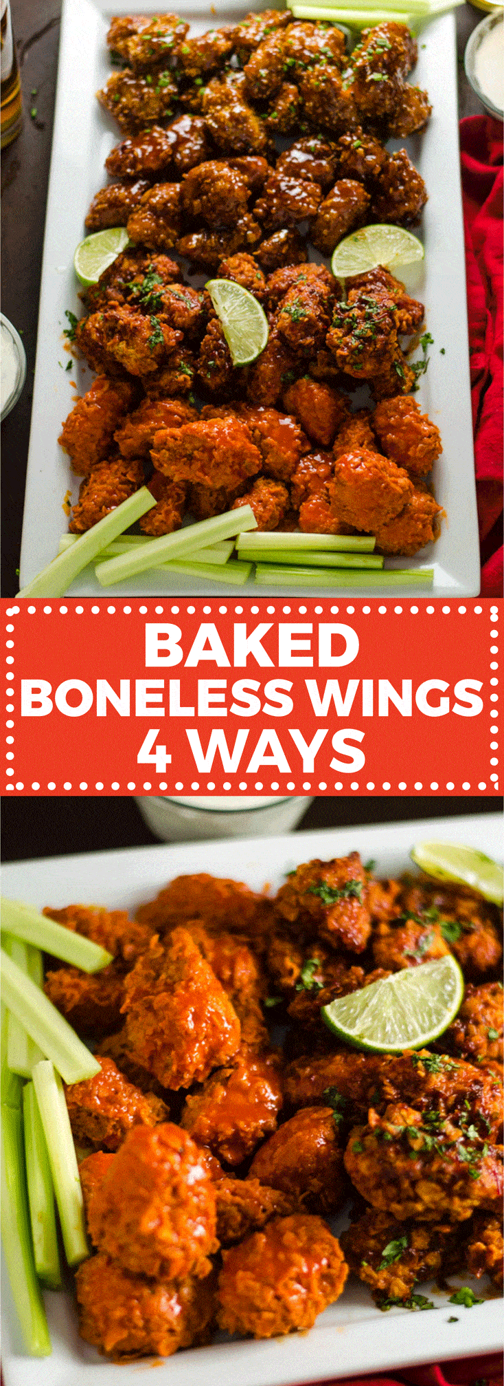 Baked Boneless Wings 4 Ways. Cornflake-coated chicken breast pieces are tossed in homemade Buffalo Sauce, Smoky Chipotle-Lime Sauce, Honey, Bourbon BBQ Sauce, and Orange Glaze. Simple, delicious, and a surefire crowd-pleaser. | hostthetoast.com