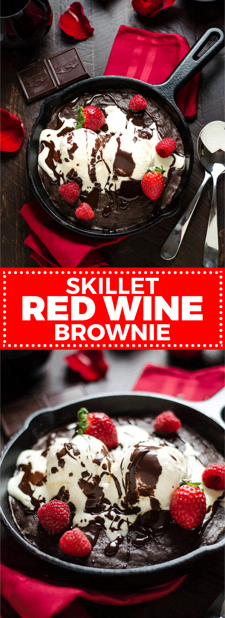 Skillet Red Wine Brownie. This fudgy brownie is spiked with red wine and topped with ice cream and red wine hot fudge! It's sinfully delicious but super easy to make for a date night or Valentine's Day! | hostthetoast.com