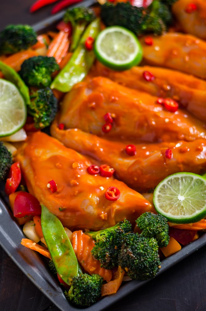 Sheet Pan Thai Peanut-Chili Chicken. This sweet and spicy glazed chicken and vegetable dish is a cinch to make for a weeknight dinner! | hostthetoast.com