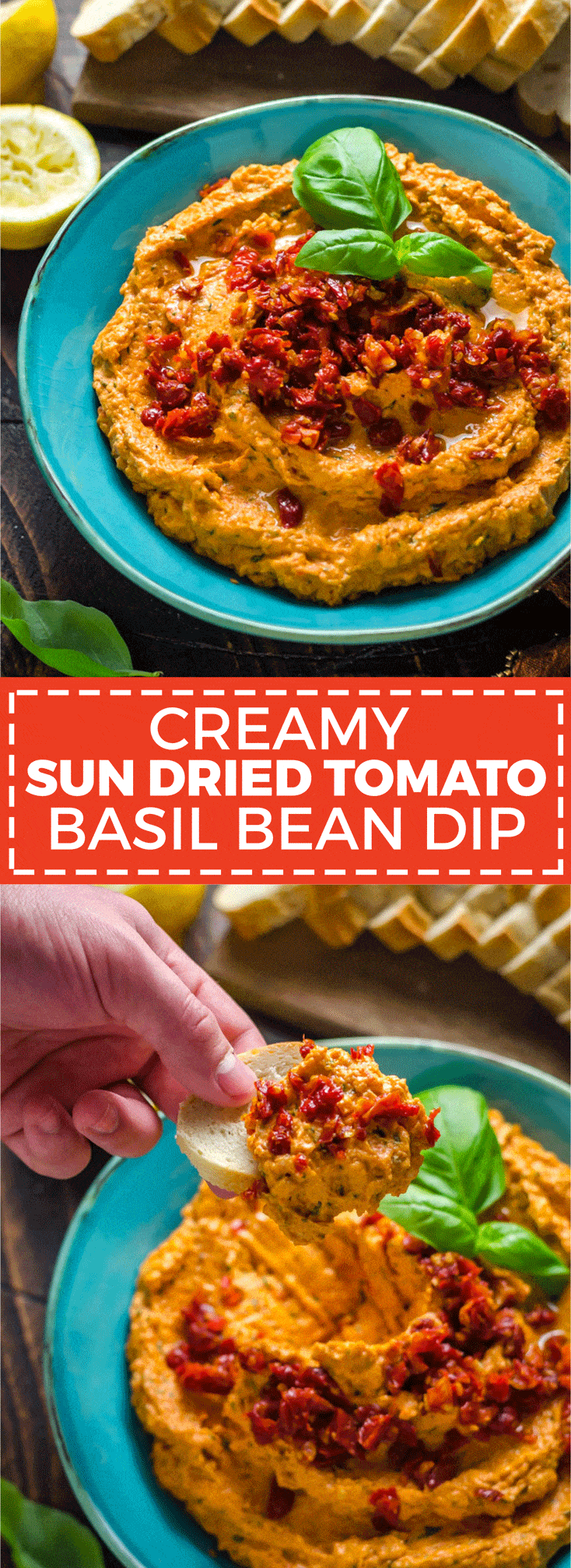 Creamy Sun Dried Tomato Basil Bean Dip. This white bean dip features cream cheese, sun dried tomatoes, lemon juice, fresh basil, and garlic, and comes together in minutes! It's the perfect spread for summer. | hostthetoast.com