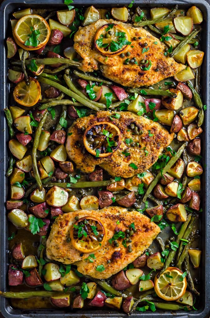 Sheet Pan Chicken Piccata with Roasted Potatoes and Green Beans. This easy, lemony one-pan recipe makes a great weeknight dinner. | hostthetoast.com