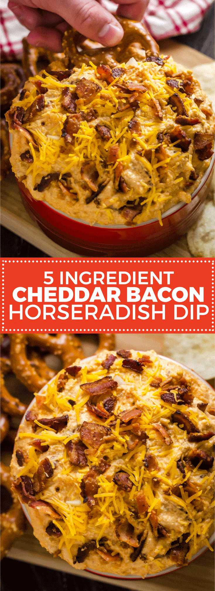 5 Ingredient Cheddar Bacon Horseradish Dip. Forget rushing around to buy food for the party, this simple dip brings it all. It uses just bacon, onions, cheese, sour cream, and horseradish, but is loaded with flavor. It makes a great spread, too! | hostthetoast.com