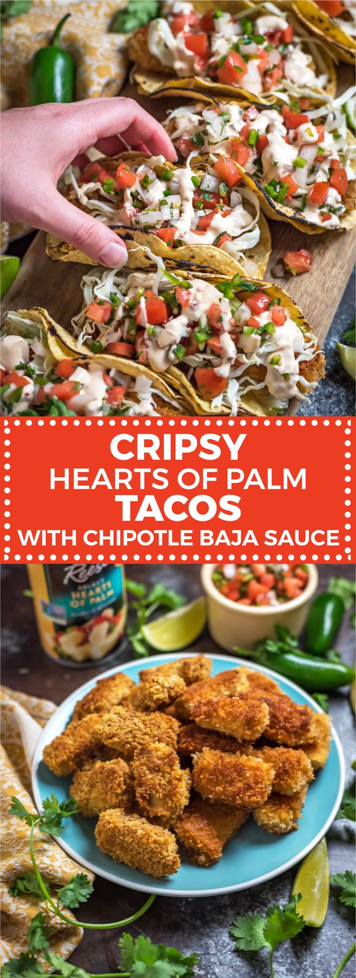 Crispy Hearts of Palm Tacos with Chipotle Baja Sauce. Have you ever tried hearts of palm in a taco before? They’re flavorful, tender on the inside and crisp on the outside, easy to make, vegetarian and vegan friendly, and they taste *fantastic*. Check out the recipe and how-to video! | hostthetoast.com
