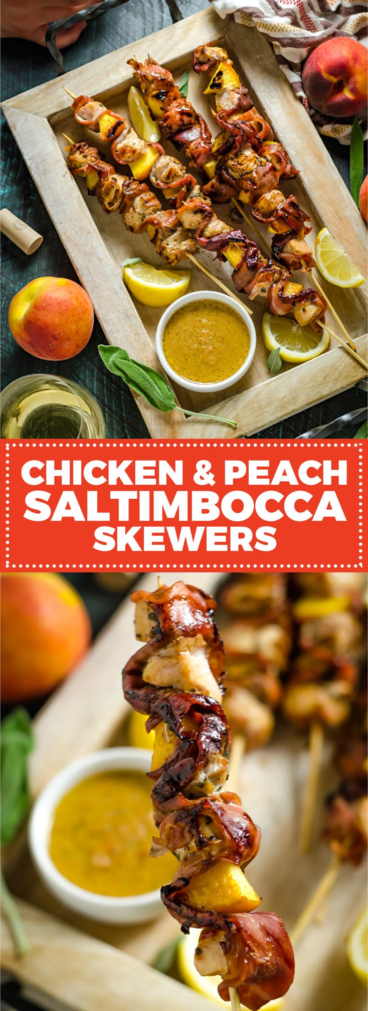 Grilled Chicken & Peach Saltimbocca Skewers. Sweet, salty, meaty, tart, and earthy flavors all come together in this summery spin on the classic saltimbocca. | hostthetoast.com