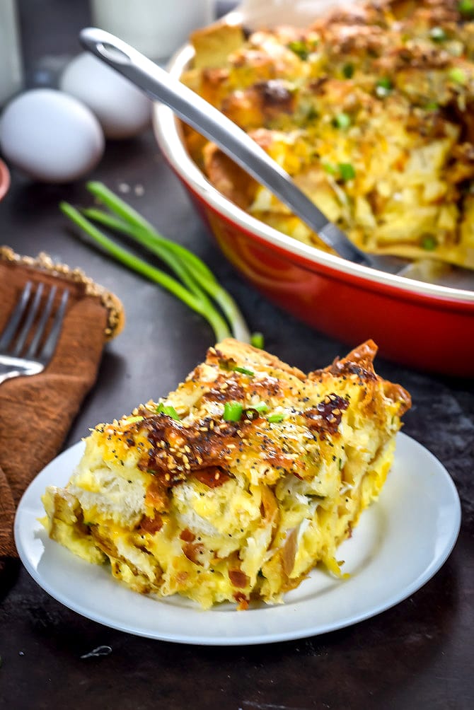 Loaded Pull-Apart Breakfast Bread. Bacon, eggs, cheese, scallions, and everything bagel seasonings make this brunch-friendly recipe a party hit. | hostthetoast.com