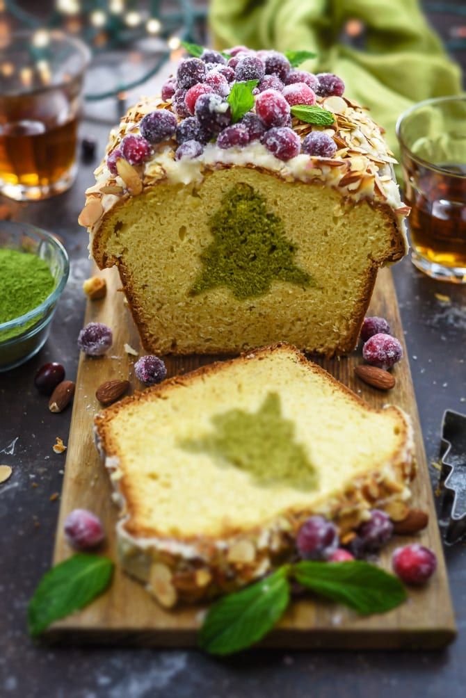 Amaretto-Matcha Christmas Surprise Cake. Cut into this sweet pound cake and reveal a Christmas tree surprise! | hostthetoast.com
