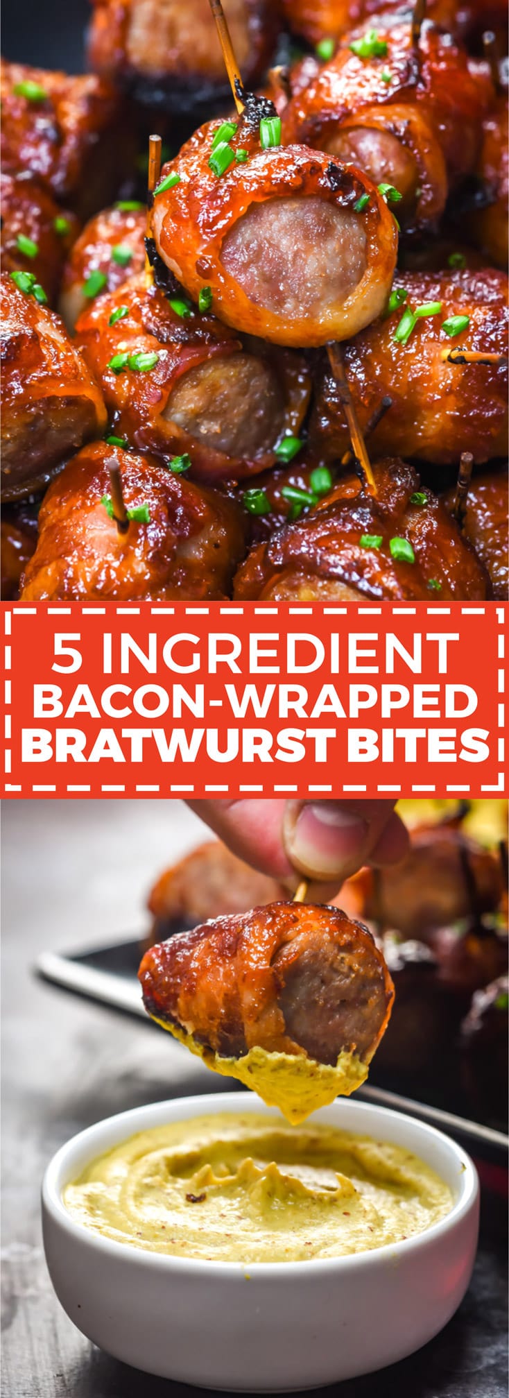 5 Ingredient Bacon-Wrapped Bratwurst Bites. Just wait til you see how easy these sweet, spicy, smoky appetizer bites are to make! | hostthetoast.com