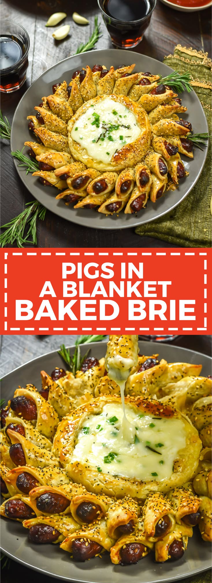 Pigs in a Blanket Baked Brie. This cheesy, garlicky, herby dip includes mini cocktail sausages in a premade pie crust! It's an easy and delicious party treat!| hostthetoast.com