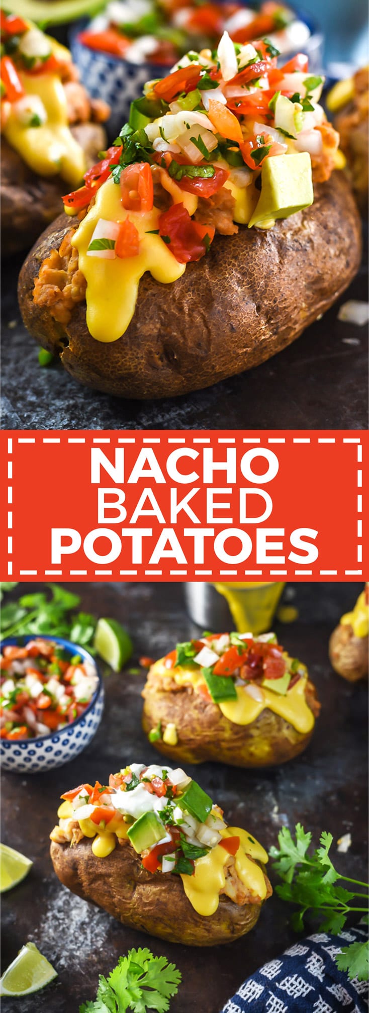 Nacho Baked Potatoes. These fluffy russets are loaded up with refried beans, sour cream, pico de gallo, avocado, and an easy queso cheese sauce. | hostthetoast.com