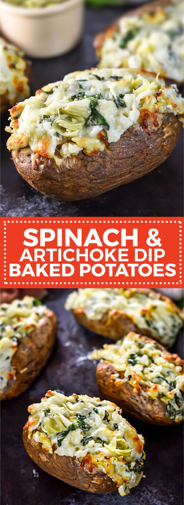 Spinach and Artichoke Dip Baked Potatoes. Hearty baked potatoes with a creamy, cheesy spinach and artichoke dip filling. | hostthetoast.com