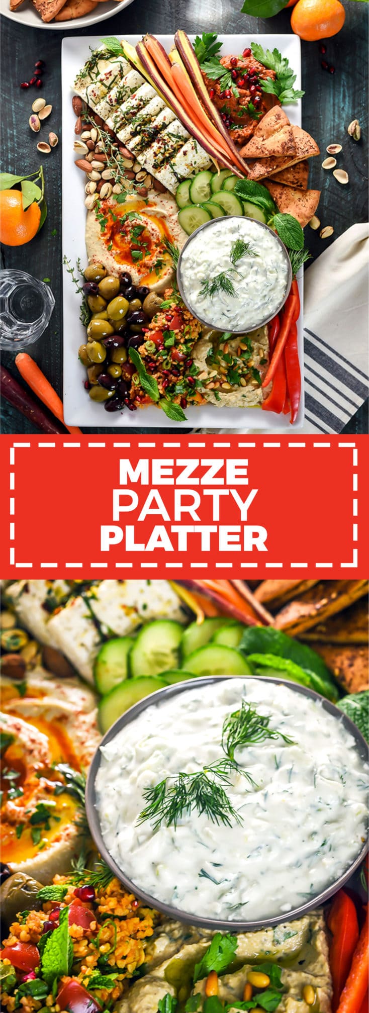Mezze Party Platter. Loaded up with hummus, baba ganoush, marinated feta, tzatziki, tomato rice salad, muhammara, za'atar pita chips, sliced veggies, and nuts, this platter is the perfect spread of Mediterranean and Middle Eastern flavors. | hostthetoast.com