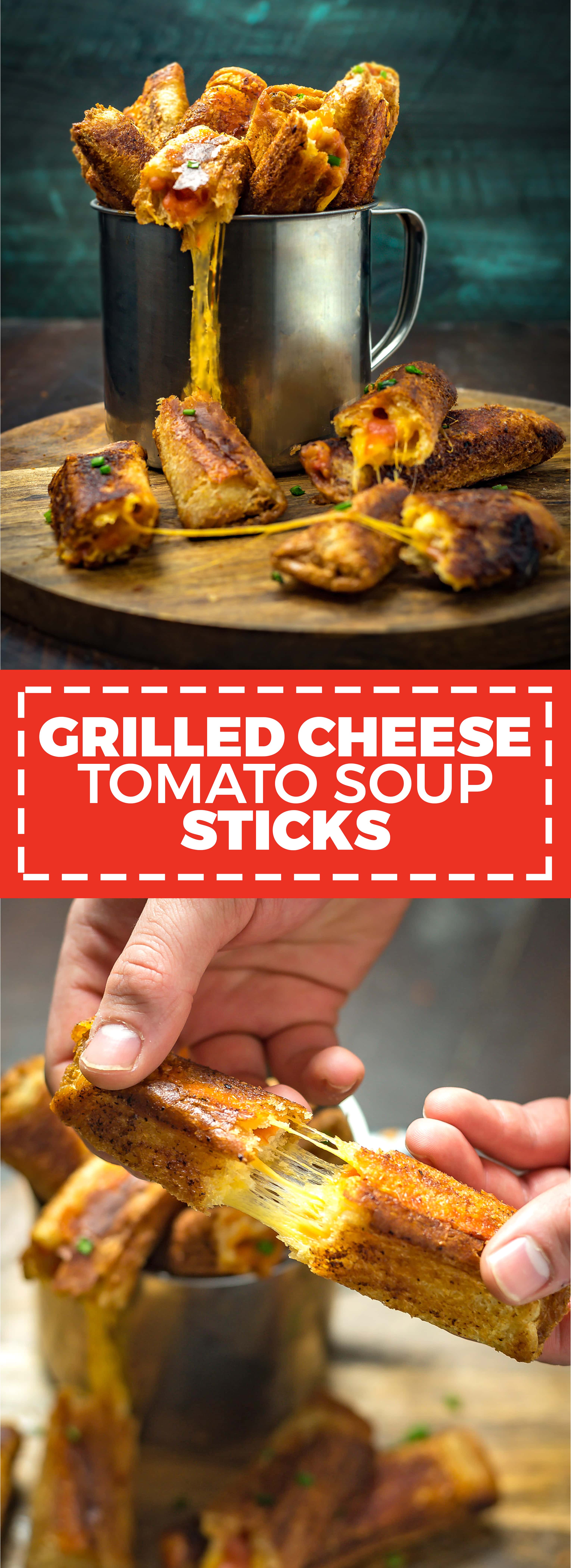 Grilled Cheese Tomato Soup Sticks. These fun and easy to make sticks are filled with cheddar cheese and tomato soup! Perfect for lunch, snacks, or even parties! | hostthetoast.com