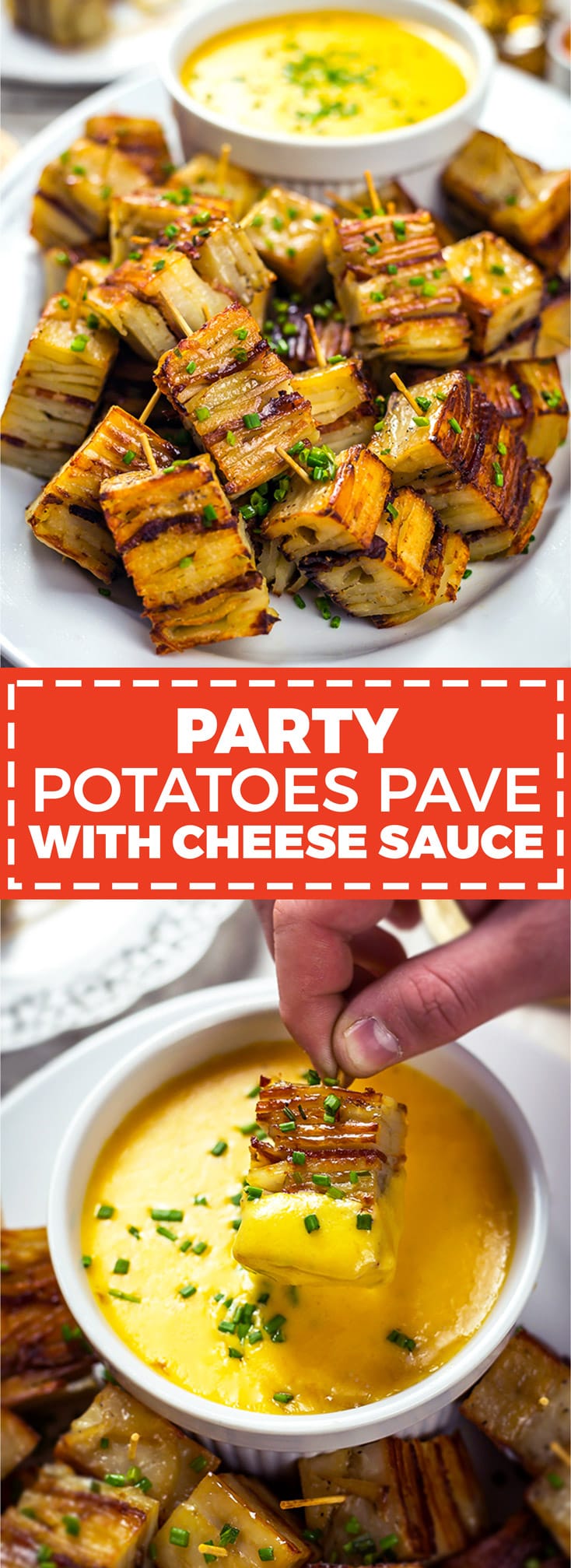 Party Potato Pave Bites with Cheese Sauce. Layered potatoes, bacon, and a creamy cheese sauce make this recipe a hit with a crowd! | hostthetoast.com