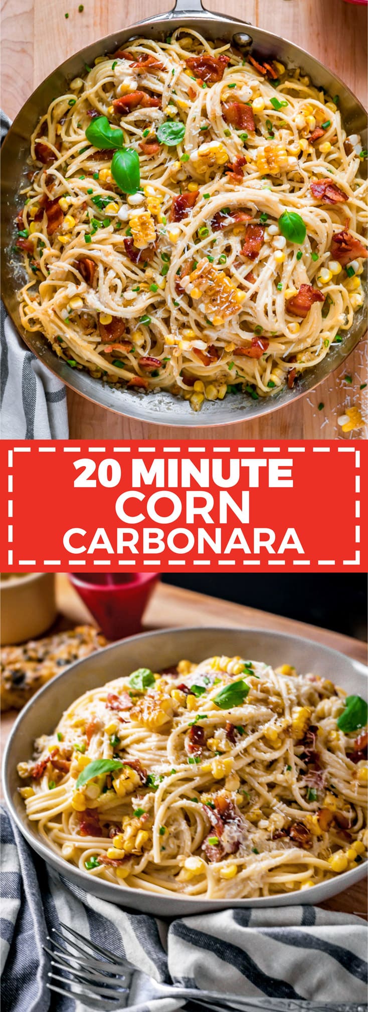20 Minute Corn Carbonara. This quick and easy pasta dish is filled with fresh corn and bacon, and flavored with a creamy corn-based sauce. No eggs are necessary for this spin on carbonara! | hostthetoast.com