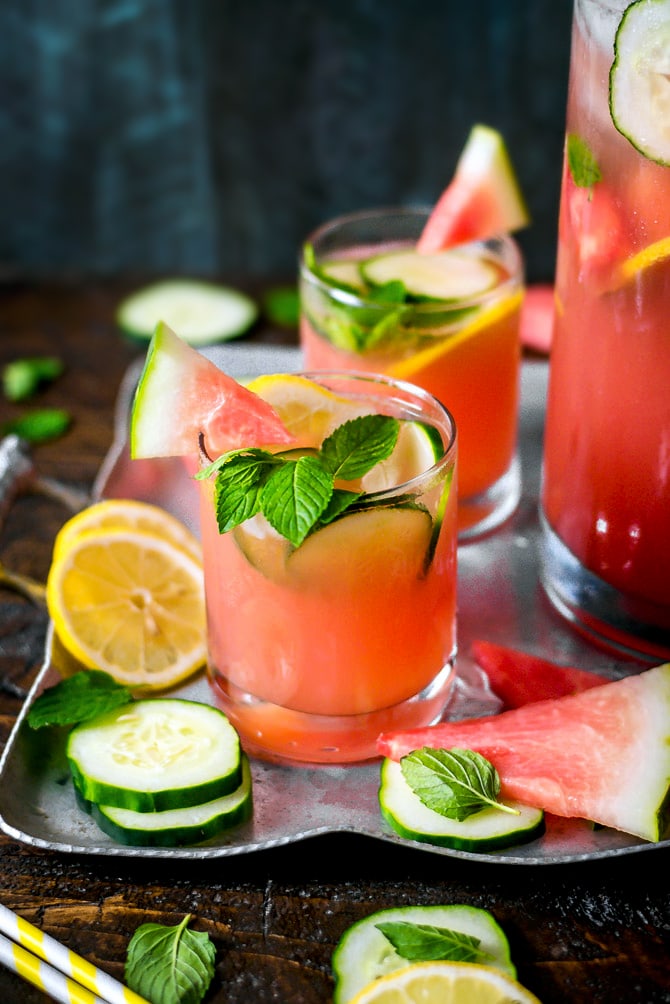 Boozy Watermelon Mint Lemonade. Made from fresh watermelon, cucumber, lemon juice, and mint, this super refreshing cocktail is perfect for summer cookouts! | hostthetoast.com