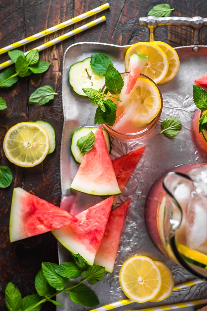 Boozy Watermelon Mint Lemonade. Made from fresh watermelon, cucumber, lemon juice, and mint, this super refreshing cocktail is perfect for summer cookouts! | hostthetoast.com