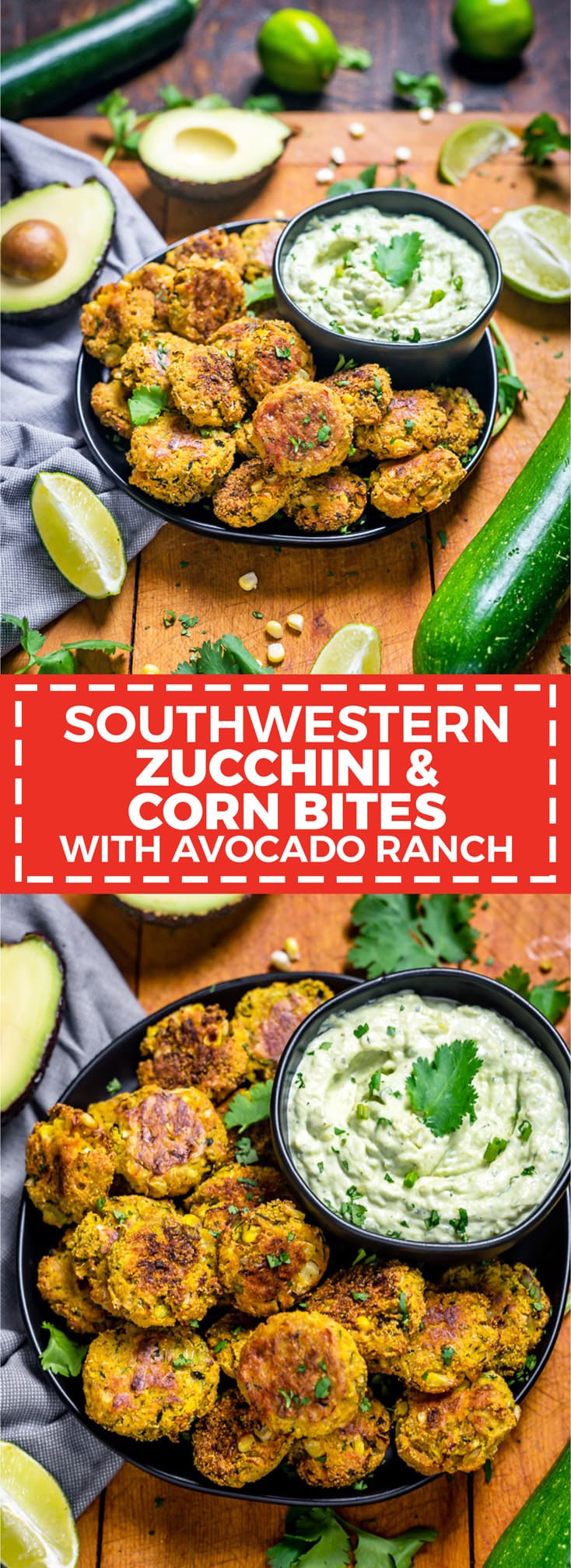 Southwestern Zucchini and Corn Bites with Avocado Ranch. No need to break out the fryer for this (conveniently gluten-free) recipe-- these bite-sized, veggie-loaded treats are baked until crisp on the outside and tender on the inside. | hostthetoast.com
