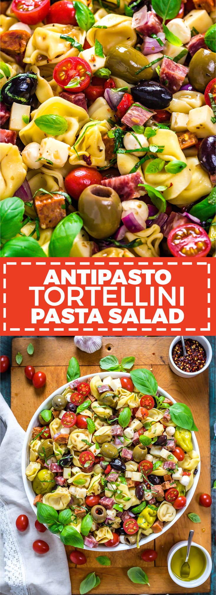 Antipasto Tortellini Pasta Salad. This packed potluck favorite includes multiple cheeses, meats, olives, peppers, and more to create a hearty Italian-inspired summer side dish. | hostthetoast.com