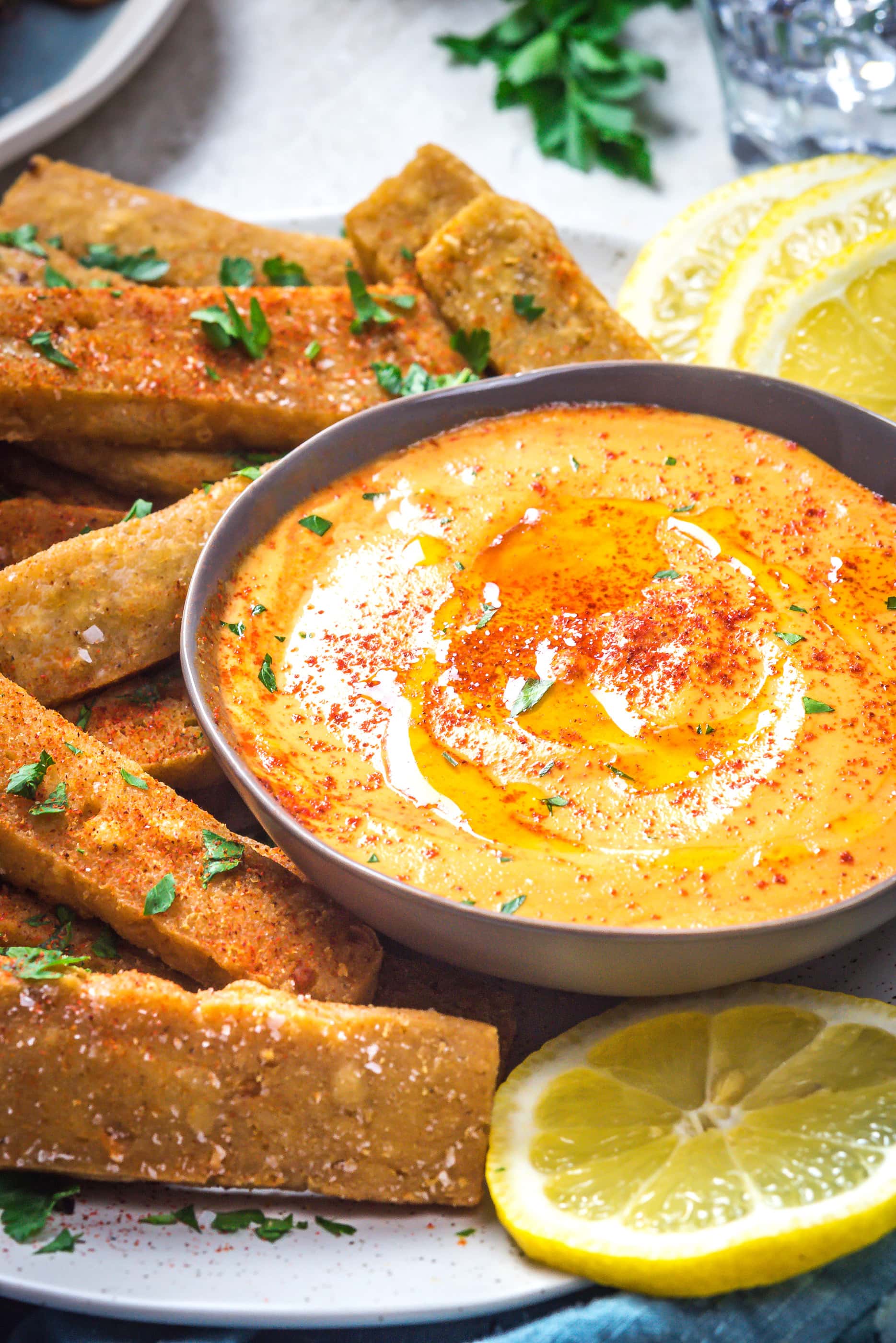 Close up of Hummus Fries with Spicy Tahini Dip.