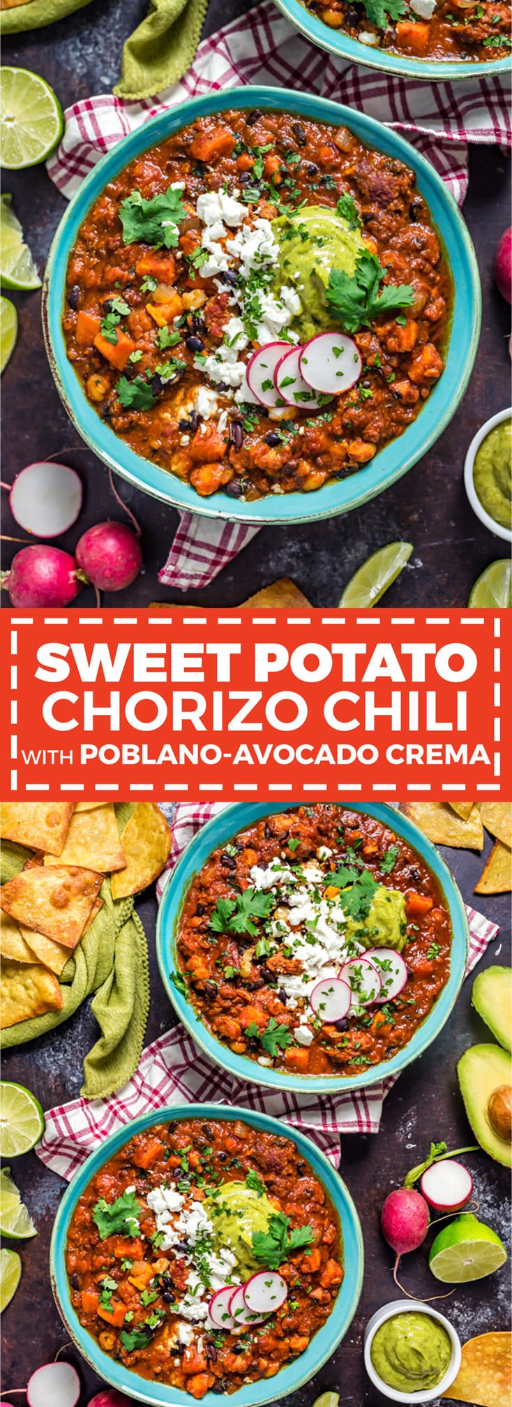 Sweet Potato Chorizo Chili with Poblano-Avocado Crema. If you've never added potatoes to chili before, be prepared to be wowed by the heartiness of this intensely flavor-packed chili. There's a reason I've been making this recipe for years!  | hostthetoast.com