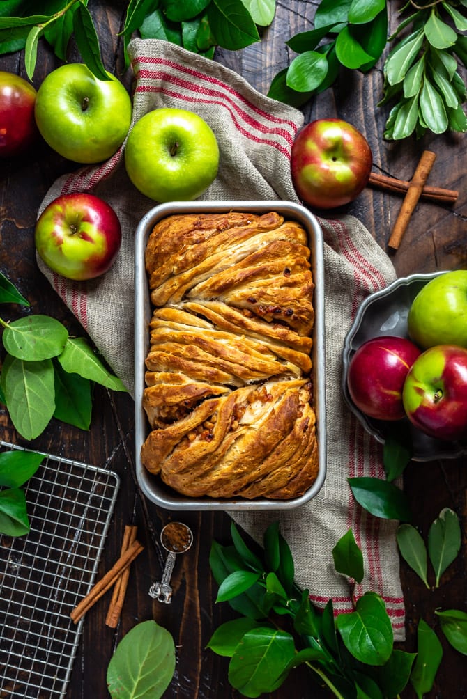 An overhead shot of Apple Fritter Pull-Apart Bread in the pan before glazing.