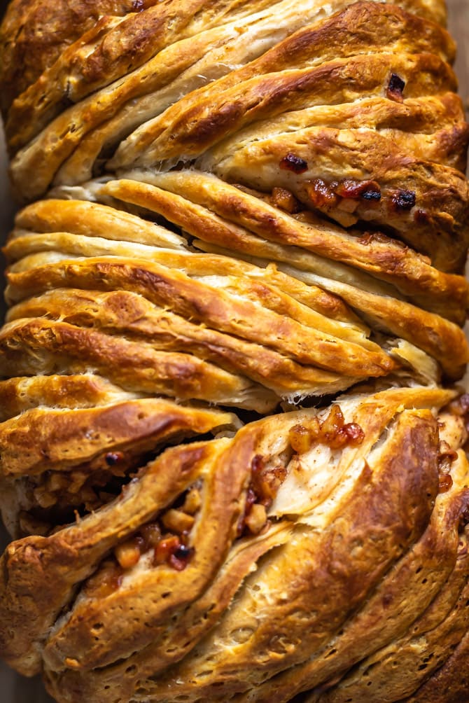 A close up shot of Apple Fritter Pull-Apart Bread Layers before being topped with glaze.