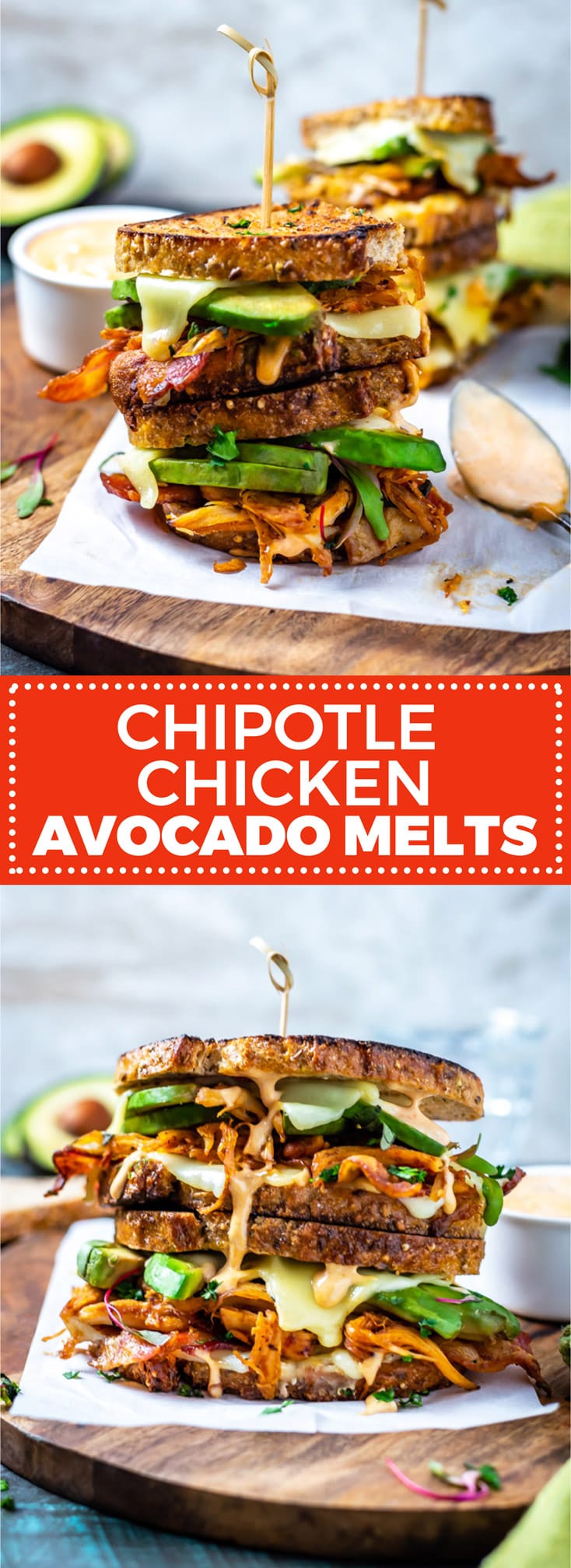 Chipotle Chicken Avocado Melts. These sandwiches include flavorful shredded chicken, melted Deli American, creamy avocado, bacon, chipotle mayo, and crisp buttery bread. | hostthetoast.com #ad #feedfeed #landolakes