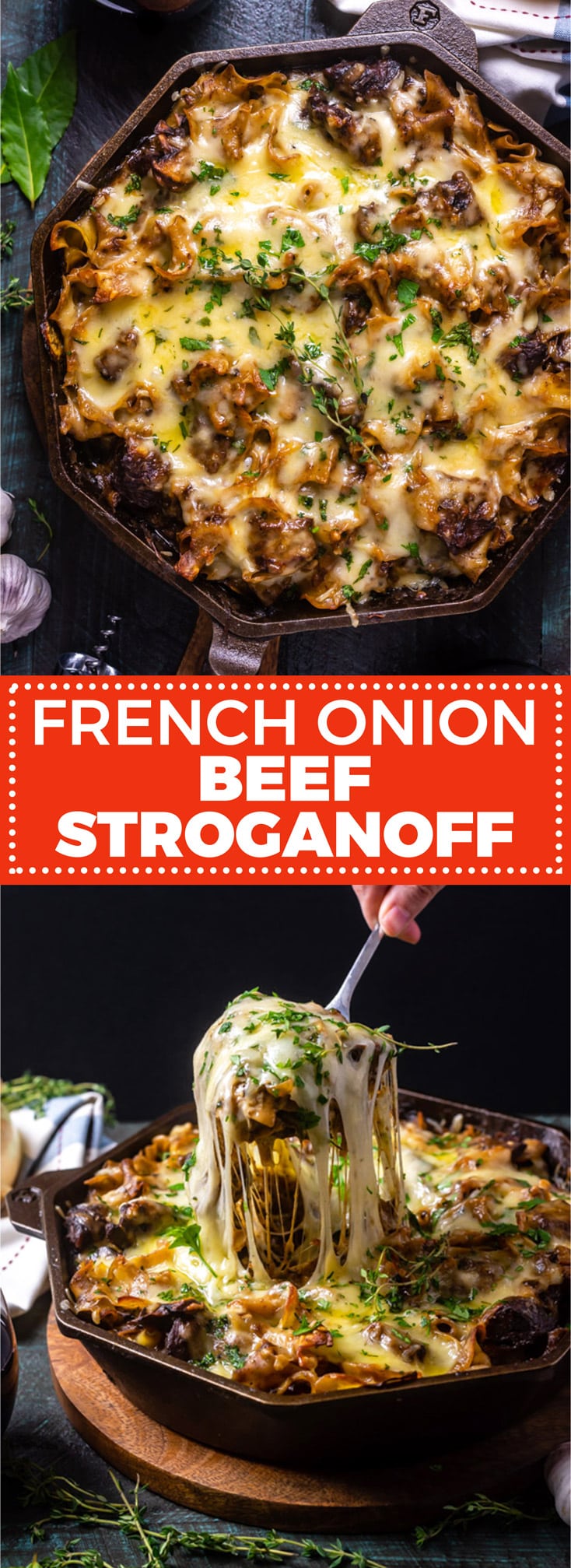 French Onion Beef Stroganoff. This spin on French Onion Soup is hearty, comforting, and perfect for family dinners. It features tender beef steak, caramelized onions, mushrooms (if you like them!), egg noodles, rich beef gravy, and of course, plenty of delicious melted cheese. | hostthetoast.com