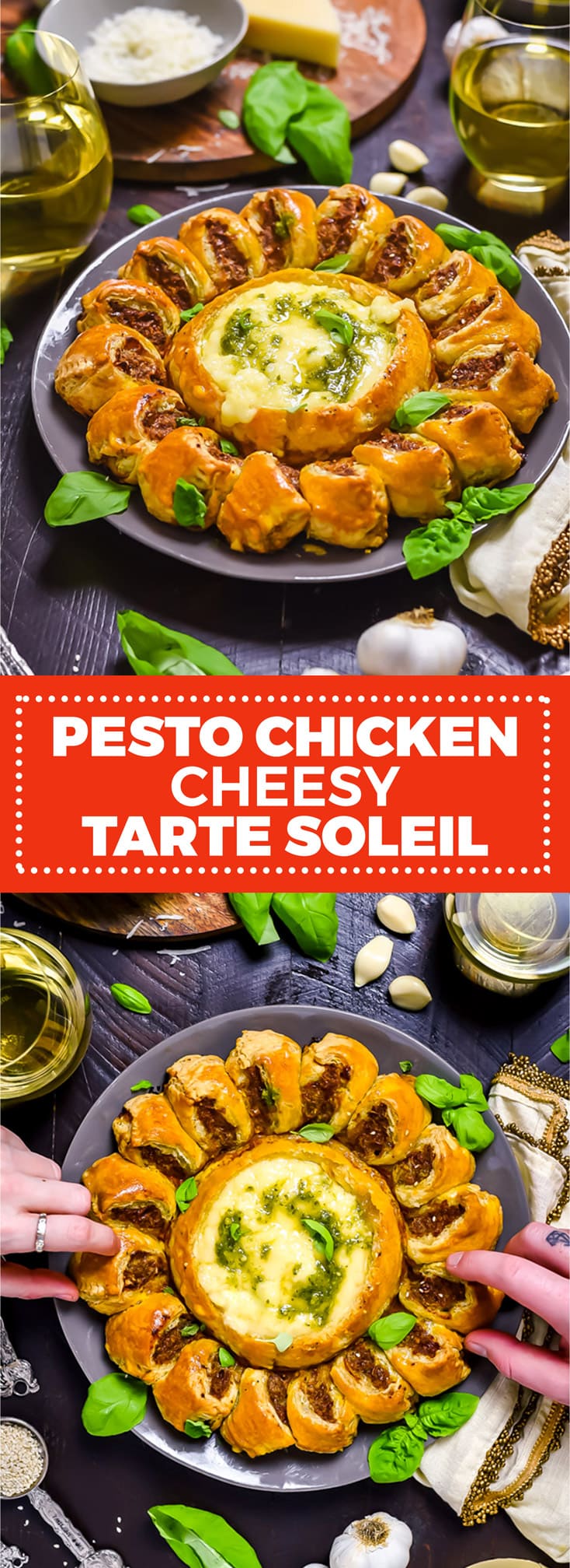 Pesto Chicken Cheesy Tarte Soleil. Baked brie or camembert and pesto-loaded ground chicken are baked in puff pastry to create this pull-apart party appetizer. | hostthetoast.com
