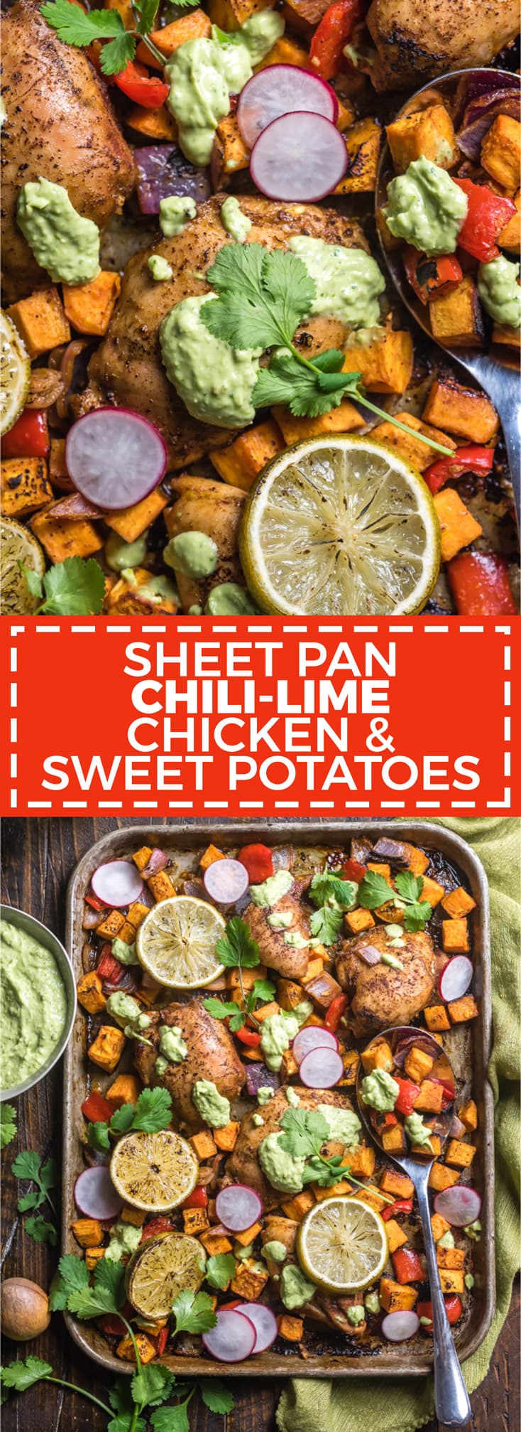 Sheet Pan Chili-Lime Chicken and Sweet Potatoes. Juicy chicken thighs, tender chunks of sweet potato, onion, and bell pepper are all tossed in a spicy, sweet, and citrusy marinade before baking all together for a one pan, healthy recipe. | hostthetoast.com