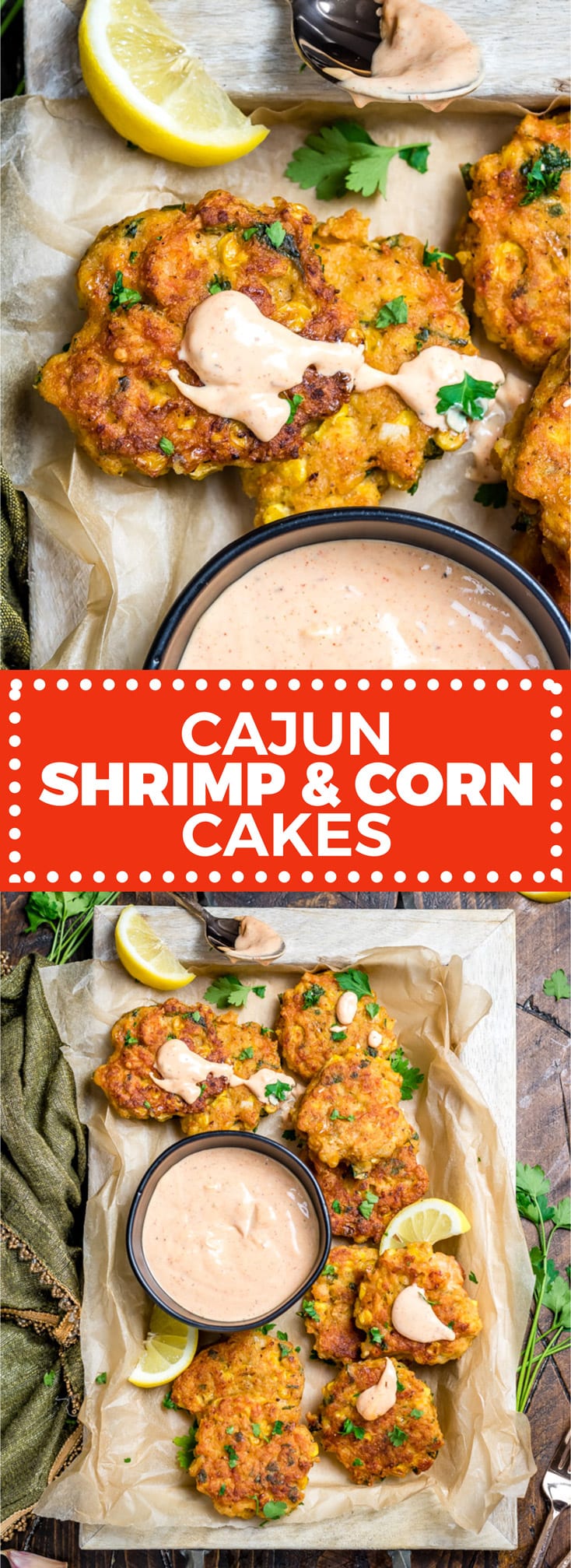 These Cajun Shrimp and Corn Cakes take just 20 minutes to make and even less time to fly off the plate. They're the perfect treat for seafood lovers, whether they're served for a Mardi Gras dinner, as a party appetizer, or simply on toasted buns with lettuce, onion, and remoulade. | hostthetoast.com