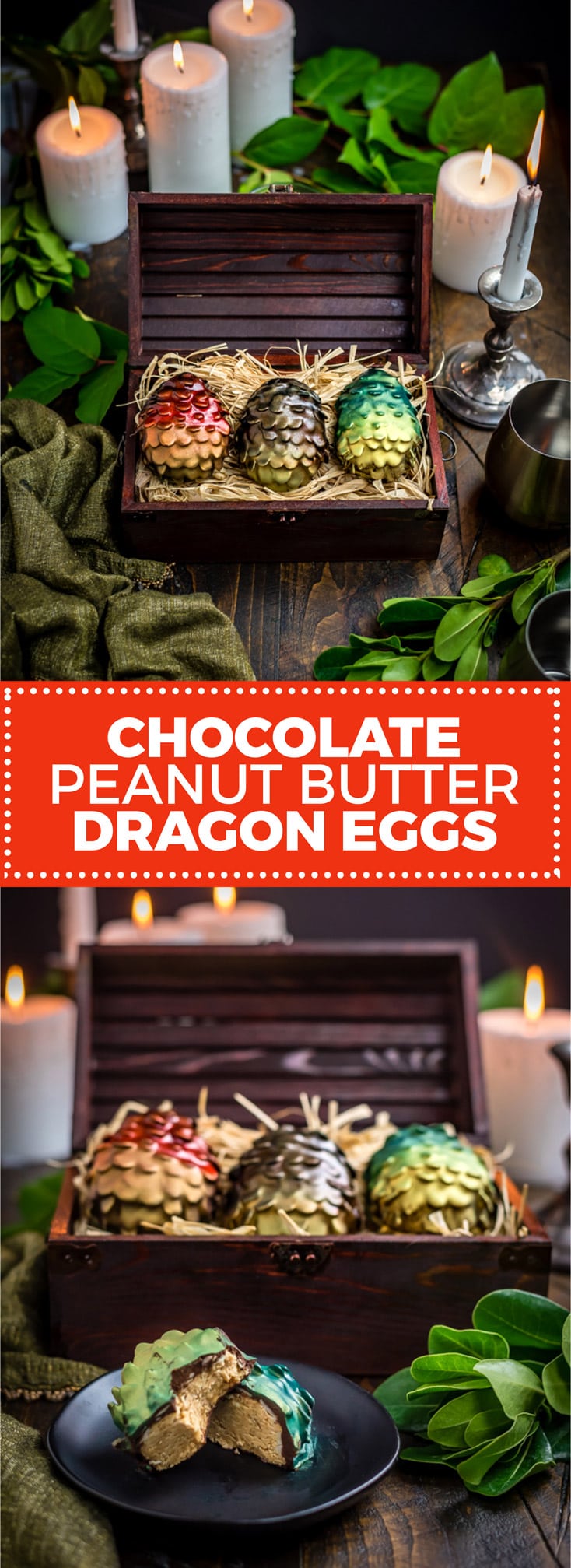 Easter is coming! There's no better way to celebrate the holiday and the return of Game of Thrones than by making your own Chocolate Peanut Butter Dragon Eggs at home. This recipe includes a Reese's-style peanut butter filling, crunchy sliced almond "scales", and a smooth chocolate coating. | hostthetoast.com