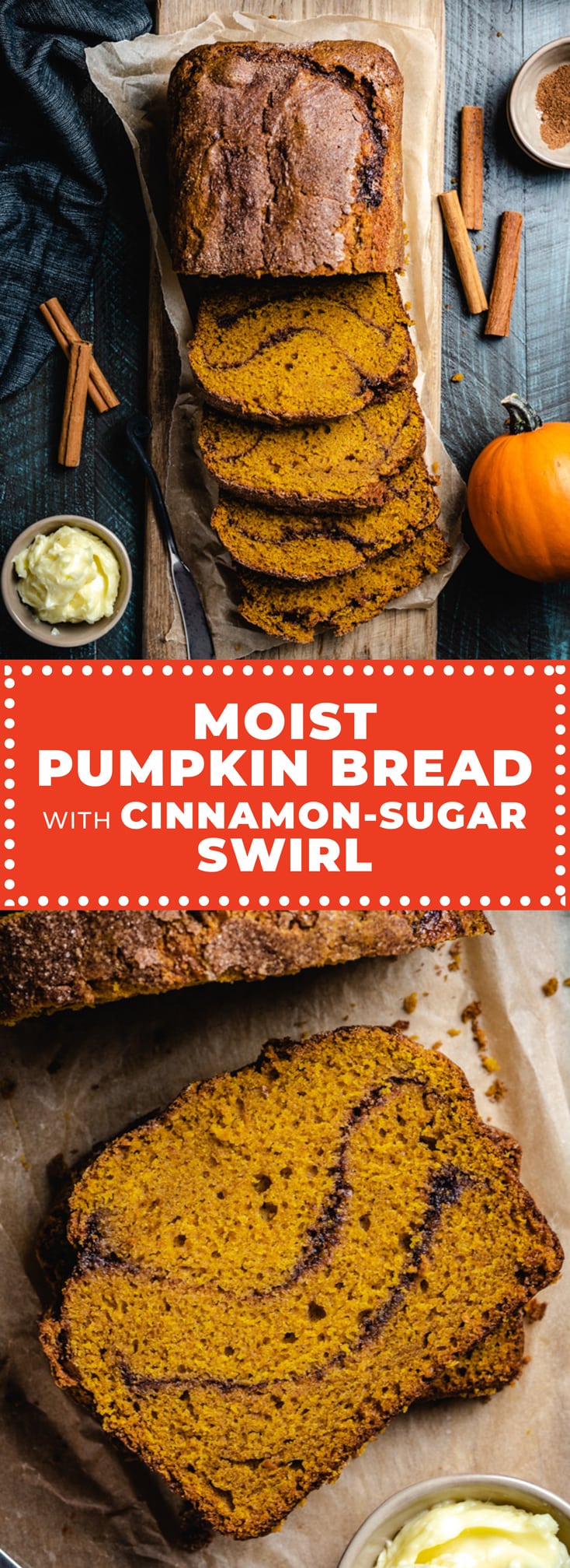 This easy recipe produces a moist, fluffy, and flavorful pumpkin bread with ribbons of cinnamon sugar inside and a crisp, craggly cinnamon crust.  | hostthetoast.com