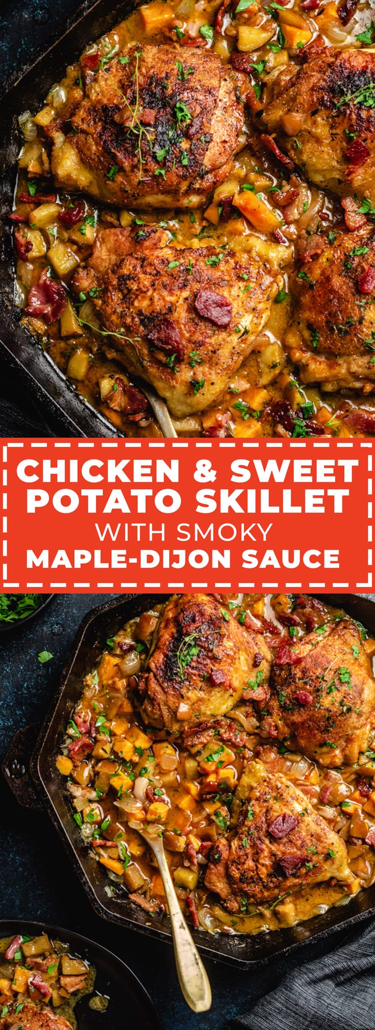 In this easy Chicken and Sweet Potato Skillet, tender-crisp chicken thighs are nestled into an autumn bounty of sweet potatoes, apples, onion, and bacon, then finished off with a finger-lickin Smoky Maple-Dijon Sauce. | hostthetoast.com