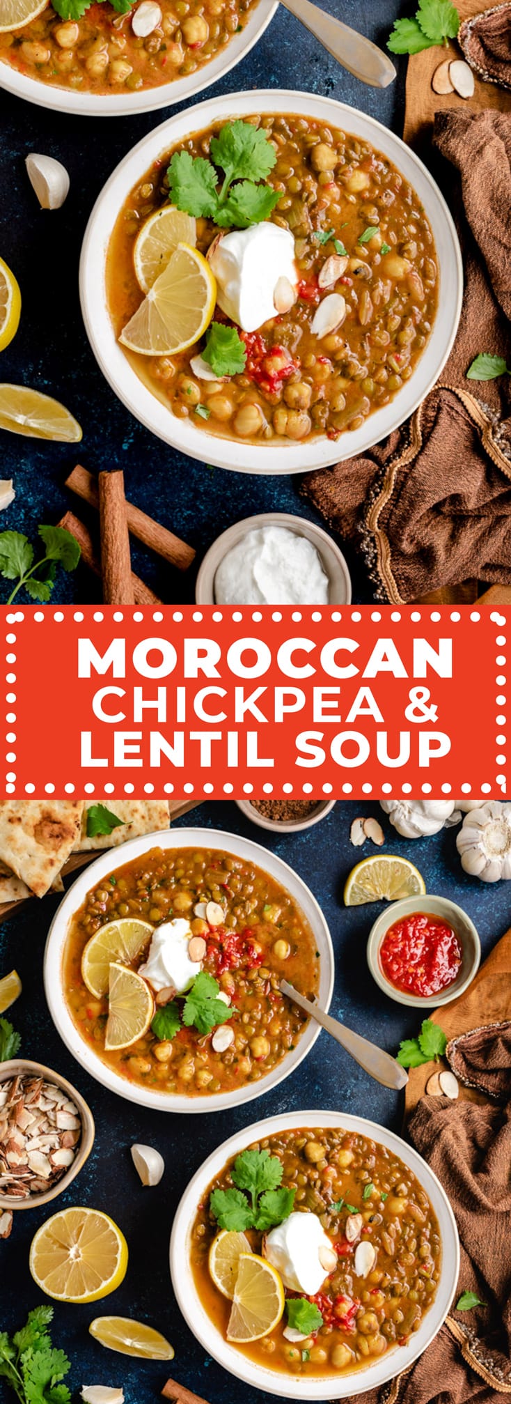 a is a comforting Moroccan soup that features chickpeas, lentils, and plenty of deep flavors from harissa paste and toasted spices. Typically, Harira soup includes ground meat, but this easy version is vegetarian (and vegan) friendly! Even better-- it mostly makes use of pantry staples, so it’s easy to stock up ahead of time and make this delicious soup whenever the craving hits. | hostthetoast.com