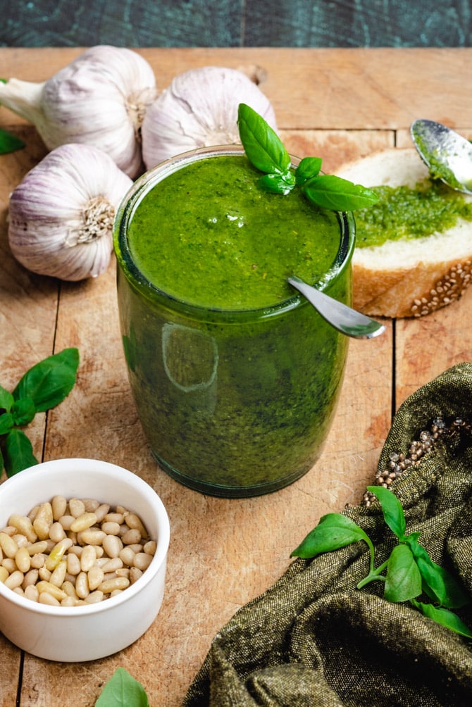 Classic, homemade pesto can't be beat, so ditch the store-bought stuff and whip up a batch right in your kitchen. All you need is a few simple ingredients and you'll be making this flavorful, basil-packed summer staple in no time. (And by "no time", I mean 5 minutes or less!)