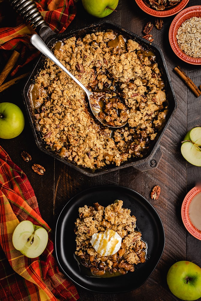 This Caramel Apple Crisp has it all: tender baked apples, easy homemade caramel, and a flavor-packed oat streusel topping! It pulls out all the (super flavorful) stops and still requires just a fraction of the time and effort of traditional apple pie.