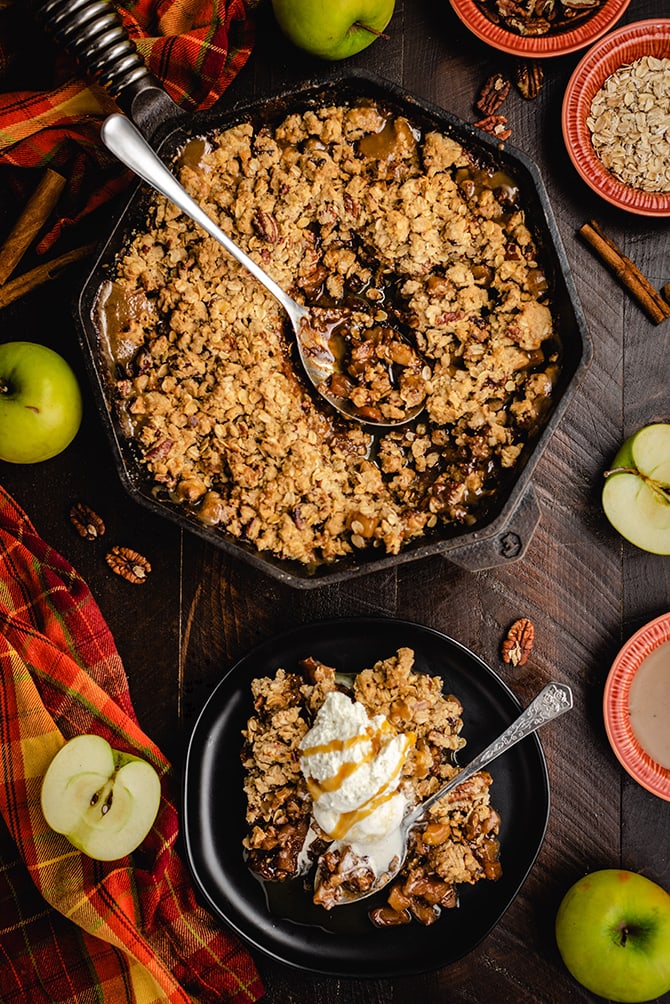 This Caramel Apple Crisp has it all: tender baked apples, easy homemade caramel, and a flavor-packed oat streusel topping! It pulls out all the (super flavorful) stops and still requires just a fraction of the time and effort of traditional apple pie.