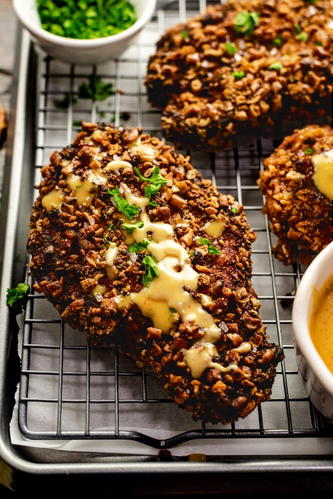 Pretzel crumbs are the key to crispy, crunchy chicken cutlets that everyone will love. The homemade honey mustard sauce makes this Pretzel Crusted Chicken recipe even tastier.