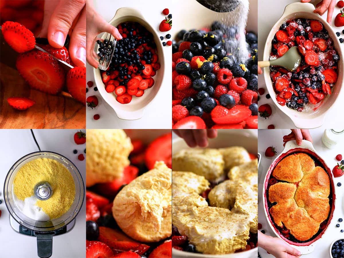 8 photos illustrating the process preparing berries, adding them to a baking dish, sprinkling with sugar, mixing, creating biscuit dough, dolloping the dough over the fruit, brushing with buttermilk and sprinkling with sugar, and serving fresh from the oven.