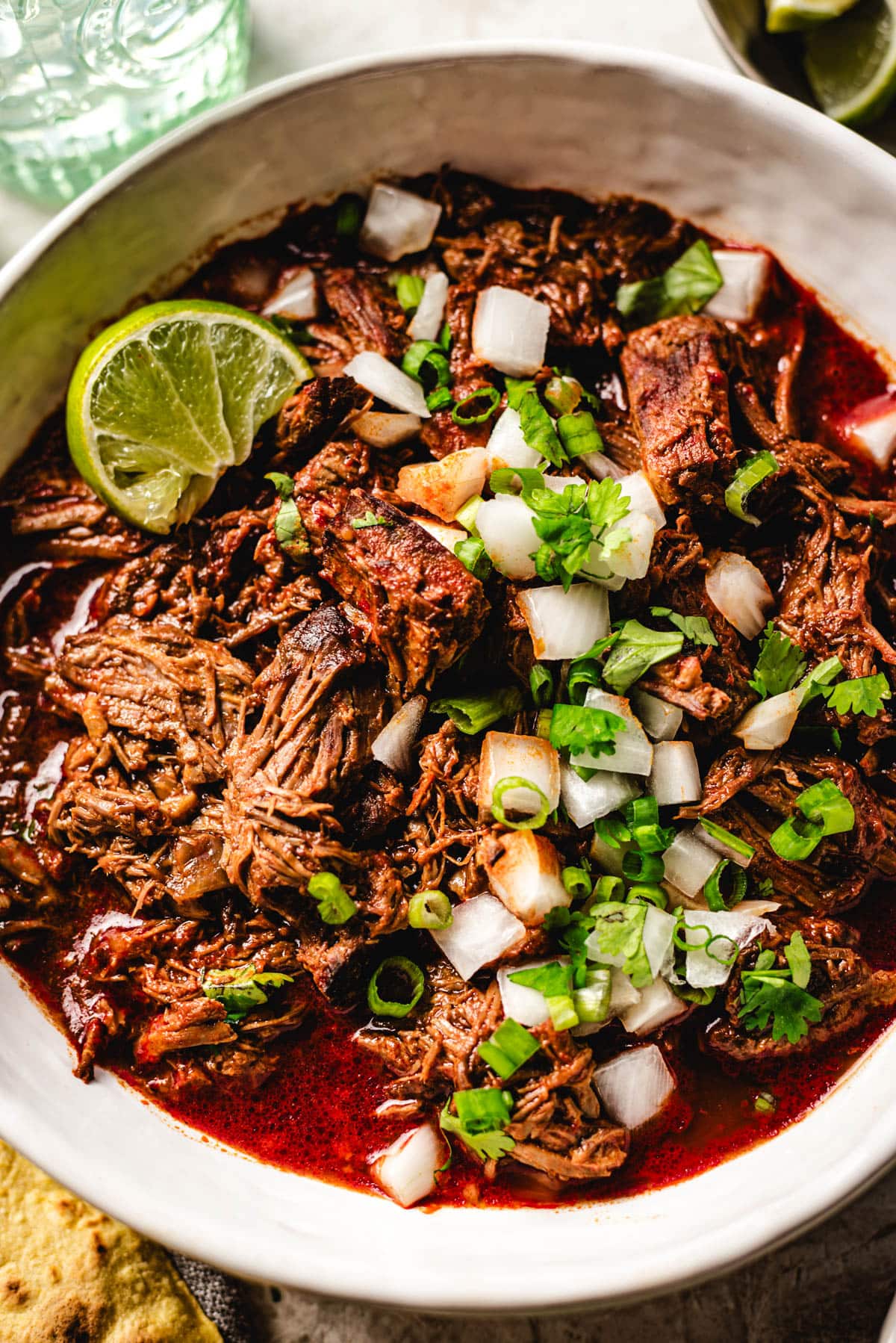 A close up of a bowl of birria de res with chopped onion and herb toppings